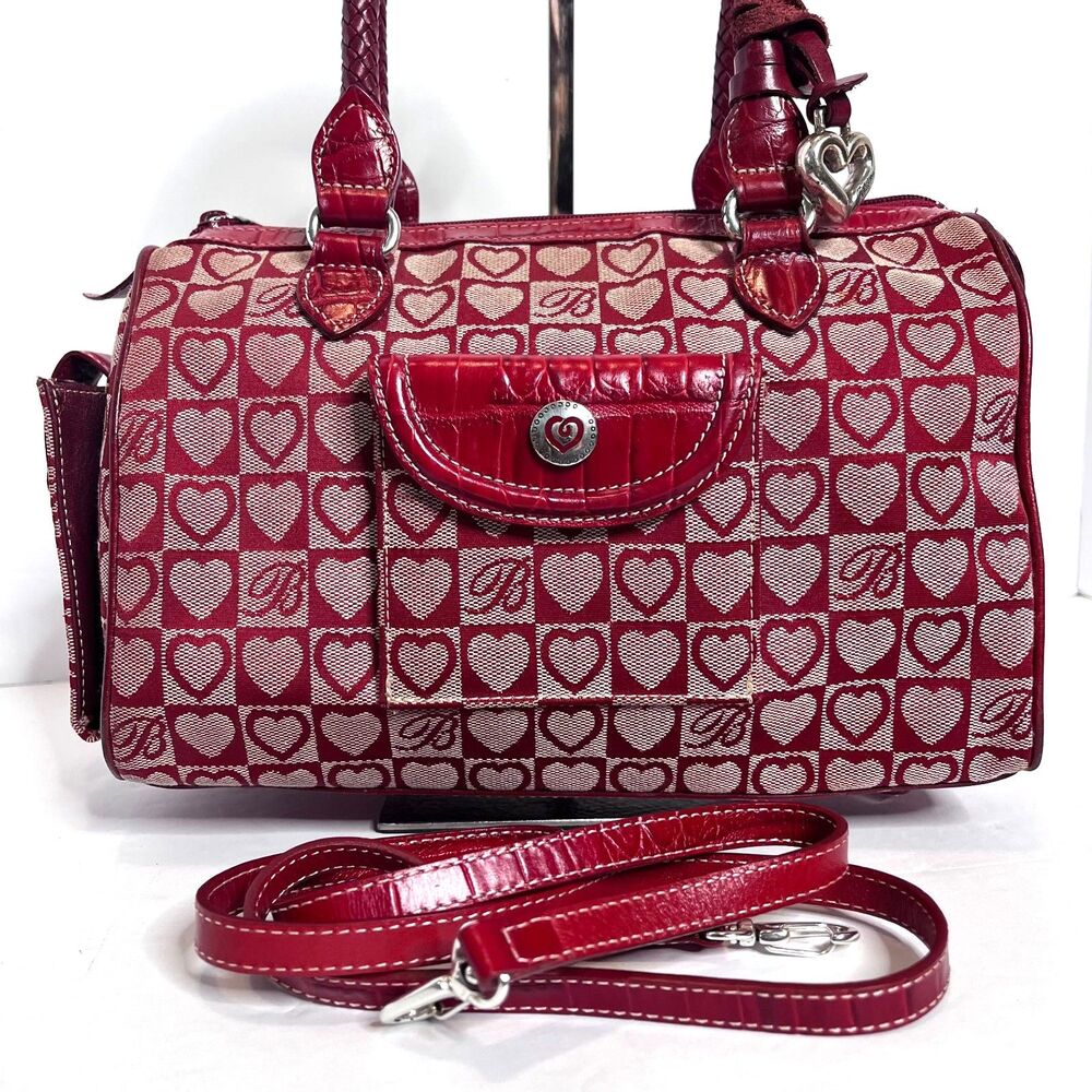Brighton Red Heart Canvas & Croc Embossed Leather Vtg Satchel
